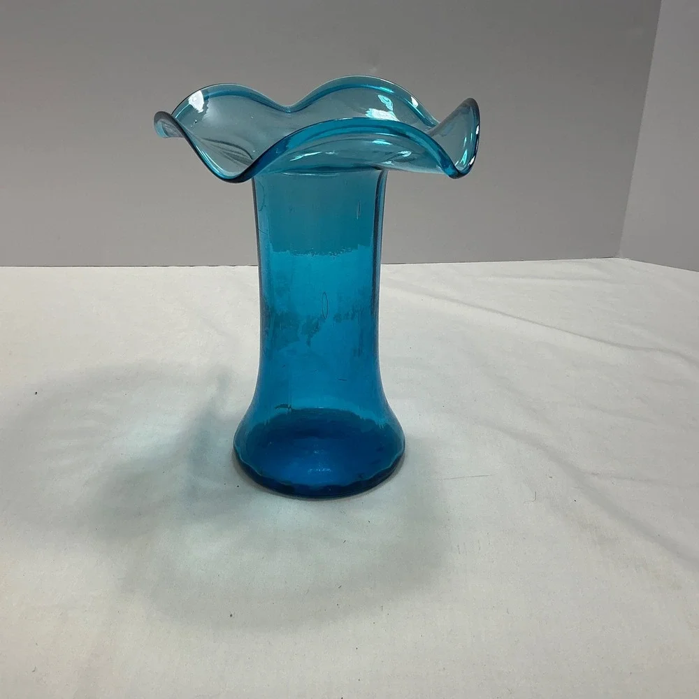 Blue Glass Vase Ruffled Rim Decor Bud Vase Flower Vase‎ Home Decor